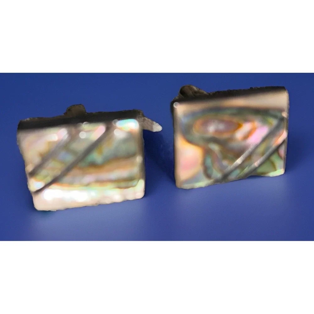 Vintage 925 Sterling Silver Abalone Shell Cufflinks Mid Century Modern Mens